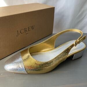 J. Crew Factory Slingback Chunky Heels Women Size 9 Silver Gold Old Money NIB